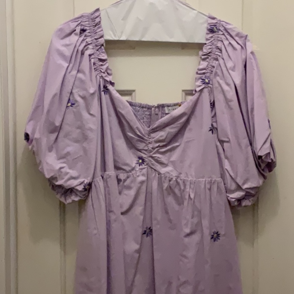 Lavender Puff Sleeve Dress with Floral Embroidery